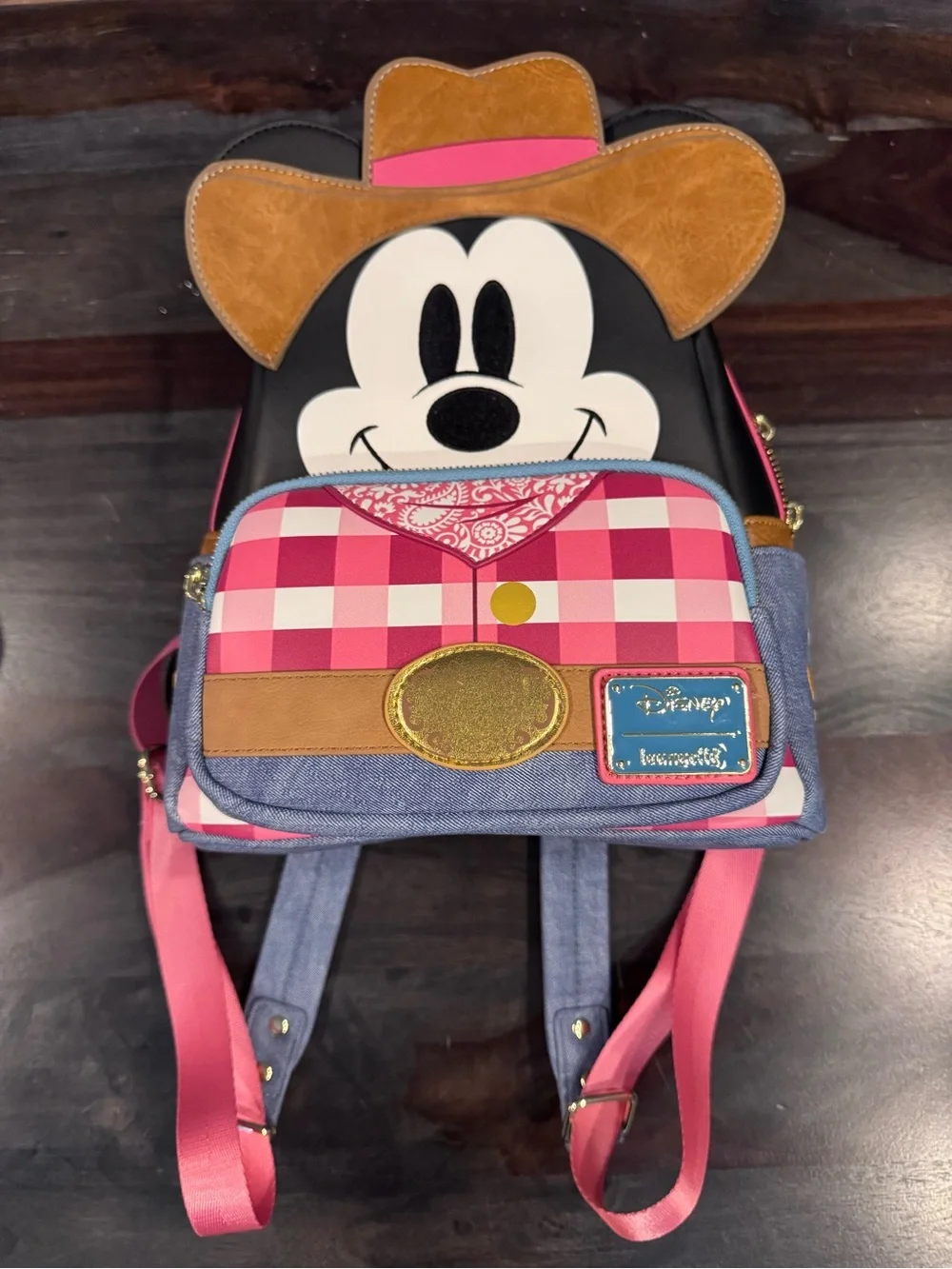 Disney Loungefly Mickey Cowboy Pink Plaid Mini Backpack